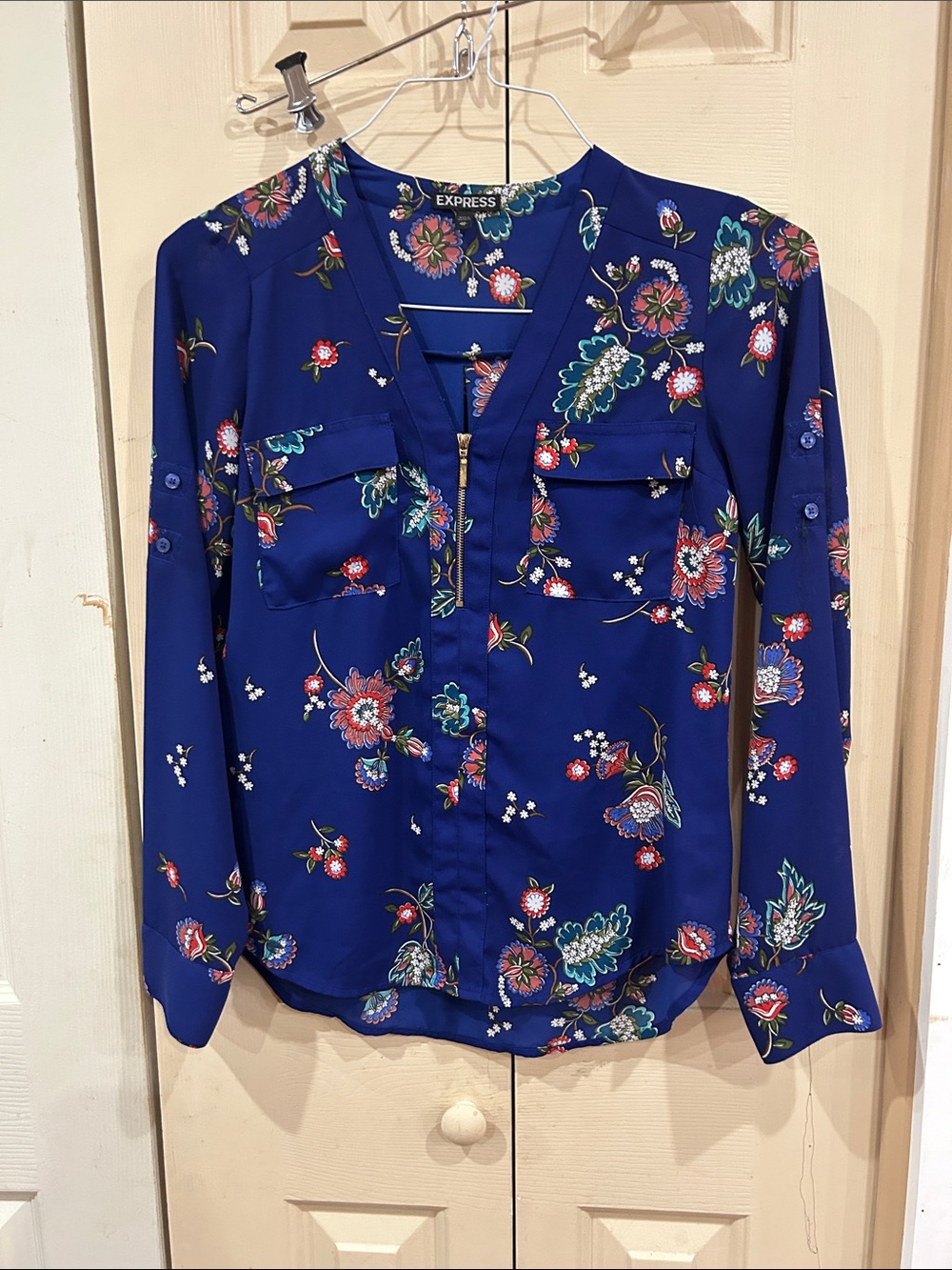 Express Blue Floral Zip-Front Blouse